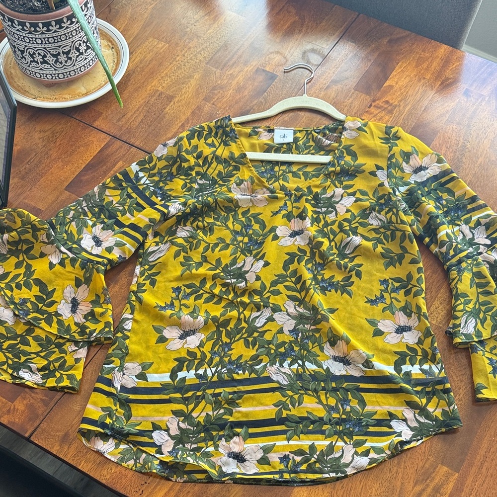 CAbi Scene Mustard Floral Sheer Blouse
